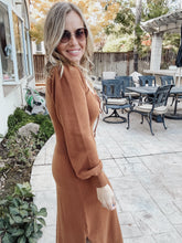 Golden Ember Knit Dress Scooped Neck Puff Long Sleeve Front Tie Slit Knit Dress