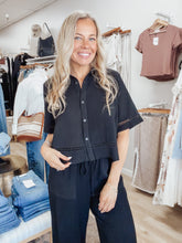 Midnight Society Button Up Shirt with Trim Detail & Back Tie - Black
