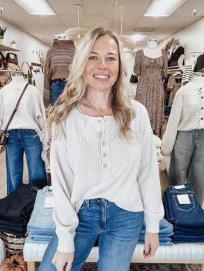 Sunday Button Ribbed Henley Long Sleeve Exposed Seam Knit Top - Oatmeal