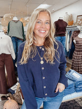 Collins Raw Edge Exposed Seam Button Down Sweater - Navy