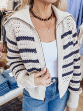 Yacht Club Striped Pointelle Open Knit Sweater Jacket - Oat