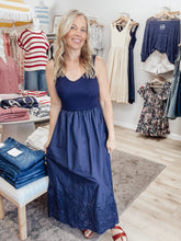 Isla Eyelet Hem Detail Mix Media Tank Midi Dress - Navy