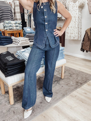 Westward Dark Chambray Pintuck Detail Wide Leg Pants