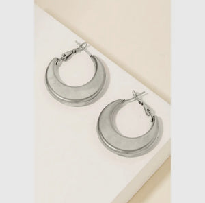 Rounded Metallic Crescent Hoop Earrings - Silver