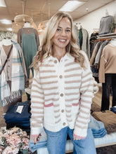 Cottage Row Collared Textured Stripe Cardigan with Pink Trim Detail - Oatmeal