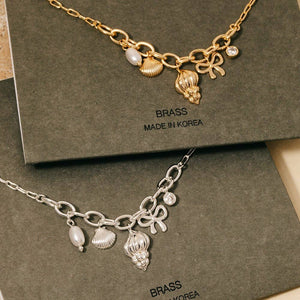 Pearl Cz And Shell Charms Chain Necklace - Gold