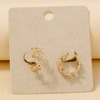 Rhinestone Oval Leaf Branch Hinge Hoop Earrings - Gold