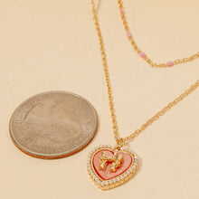Pearl Set Heart Ribbon Bow Pendant Layered Necklace - Pink