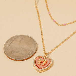 Pearl Set Heart Ribbon Bow Pendant Layered Necklace - Turquoise