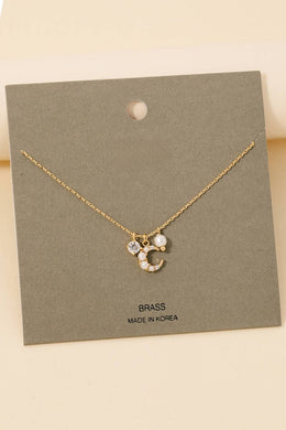 Pearl And Rhinestone Cluster Moon Pendant Necklace - Gold