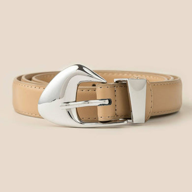 Fashion Warped Buckle Leather Belt - Silver/Ivory