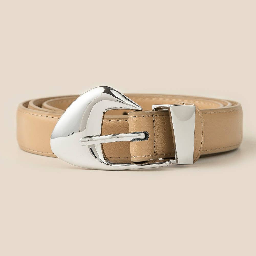 Fashion Warped Buckle Leather Belt - Silver/Ivory