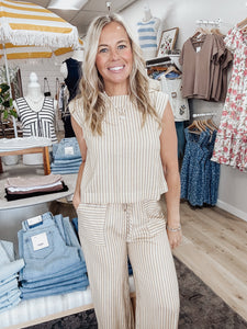 Driftwood Stripe Sleeveless Blouse Wide Leg Pant Set