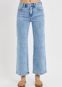 Hayden High Rise Wide Leg Embroidered Flower Denim Jeans