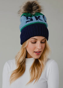 Ski Pom Hat - Green/Light Blue/Navy