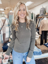 Calder Puckered Jacquard Crew Neck Top with Thumbhole Detail - Dark Olive