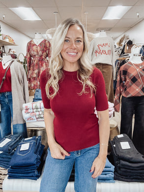 Classic Solid Half Sleeve Rib Knit Top - Merlot