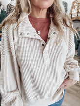 Haven Oversized Half Snap Button Down Casual Waffle Knit Top - Cream
