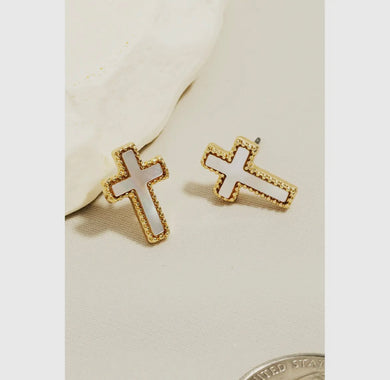 Flat Pearl Cross Stud Earrings - Gold