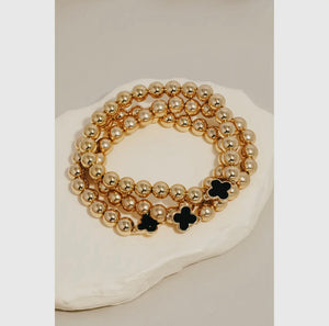 Enamel Clover Charm Layered Beaded Bracelet Set - Black
