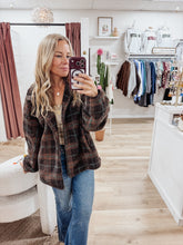 Fireside Plaid Sherpa Mock Neck Zip Up Jacket - Brown Multi