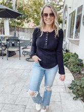Act Fast Ribbed Henley Long Sleeve with Exposed Hem Detail - Black