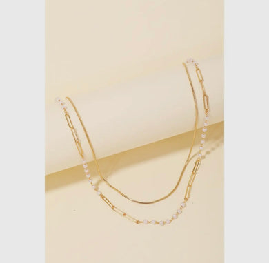 Double Chain Bead Layered Necklace - Gold