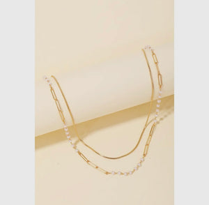 Double Chain Bead Layered Necklace - Gold