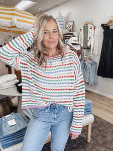 Confetti Coastline Striped Crochet Drop Shoulder Sweater - Magenta Combo