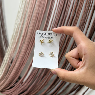 Enamel Flower Stud & Leaf Earring Set - Gold