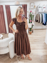 Autumn Muse Shirred Bodice Ruffle Sleeve Midi Dress - Chocolate Truffle