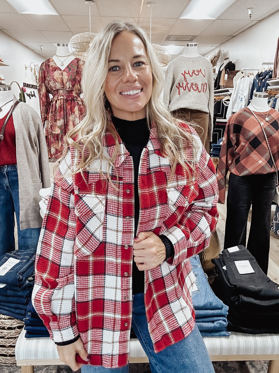 Fireside Plaid Shacket - Red/Tan