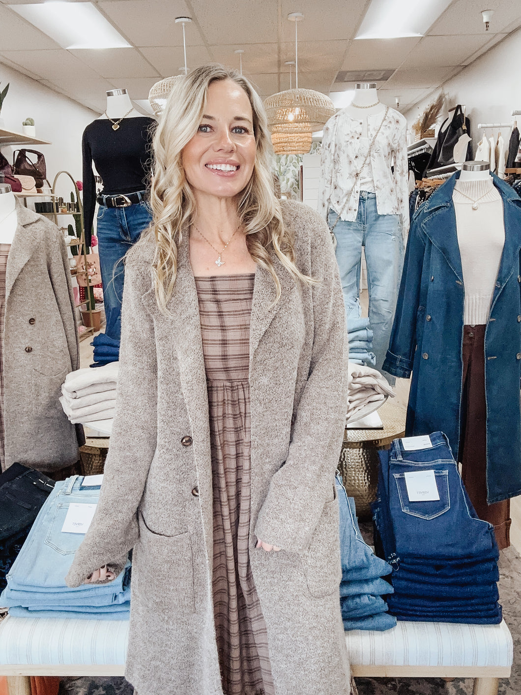 Hearthwood Long Double Breasted Knit Coat with Notched Collar and Front Pockets - Brown