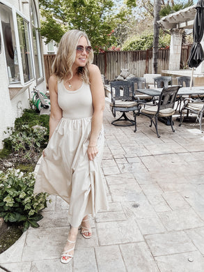 The Sutton Mix Media Tank Midi Dress - Light Khaki