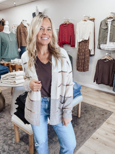 Harvest Stripe Color Block Multi Color Stitch Open Front Cardigan - Taupe