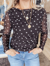 Dottie After Dark Sheer Mesh Polka Dot Ruched Long Sleeve Knit Top - Black