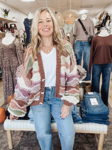 Autumn Mosaic Chunky Knit V Neck Button Down Cardigan - Multi