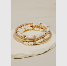 Pearl and Metallic Coil Elastic Bracelet Set - Cream