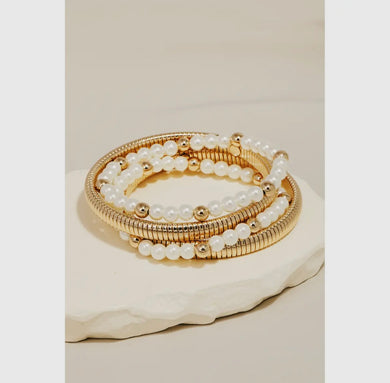 Pearl and Metallic Coil Elastic Bracelet Set - Cream
