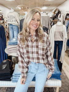 Cozy Crop Plaid Collared Button Down Boxy Long Sleeve Shirt - Brown