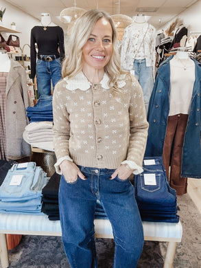 Sweet Bramble Knit Collar Sweater with Knit Cuff Detail - Khaki