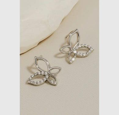 CZ Half Pave Butterfly Stud Earrings - Silver