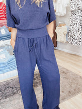 Harbor Nights Textured Knit Elastic Tie Waist Wide Leg Pants - Navy