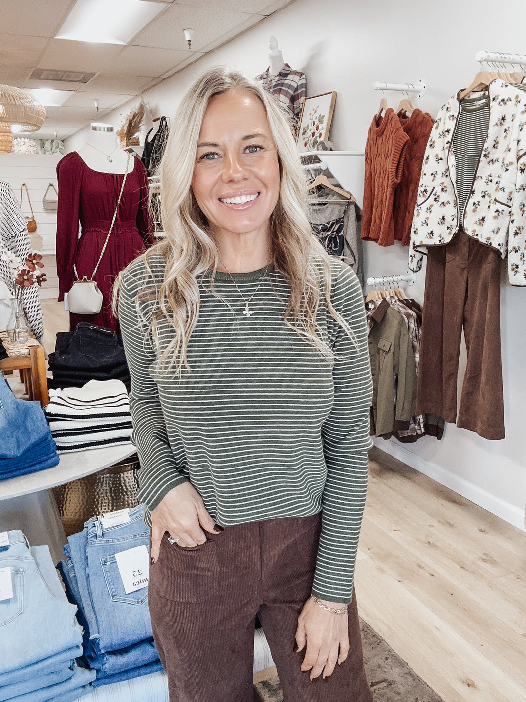 Pinstripe Crewneck Pullover Sweater - Dark Olive Grove