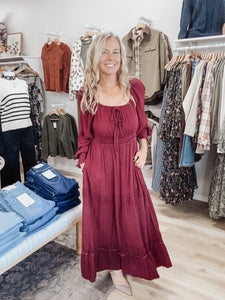 Merlot Muse Gathered Square Neck Maxi Dress - Cherry Laquer