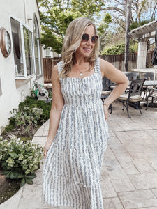 The Elodie Floral Stripe Ruffle Detail Maxi Dress - Blue