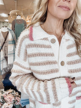 Cottage Row Collared Textured Stripe Cardigan with Pink Trim Detail - Oatmeal