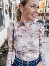 Sheer Floral Printed Mock Neck Top - Purple