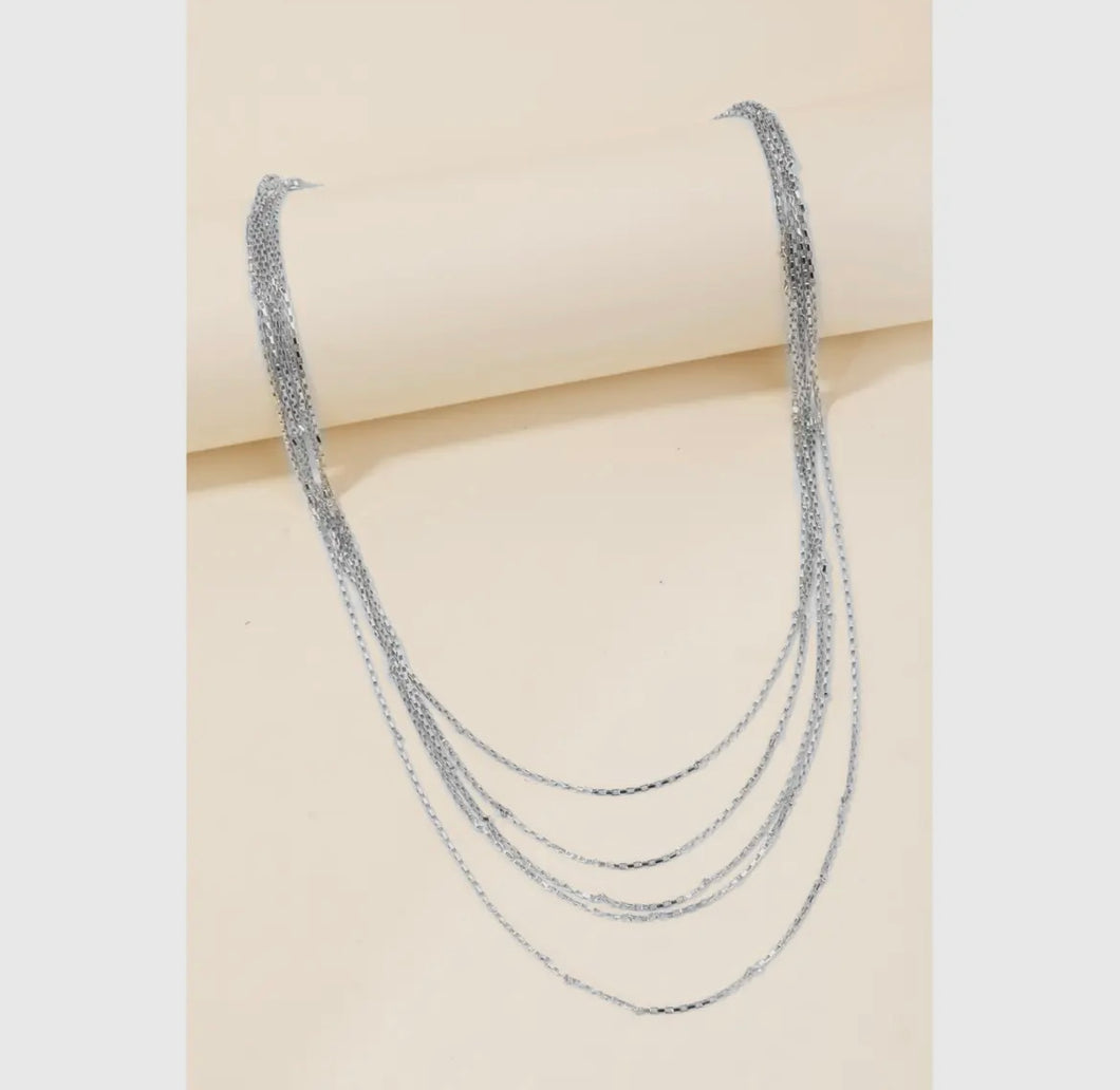 Layered Dainty Box Chain Necklace - Silver