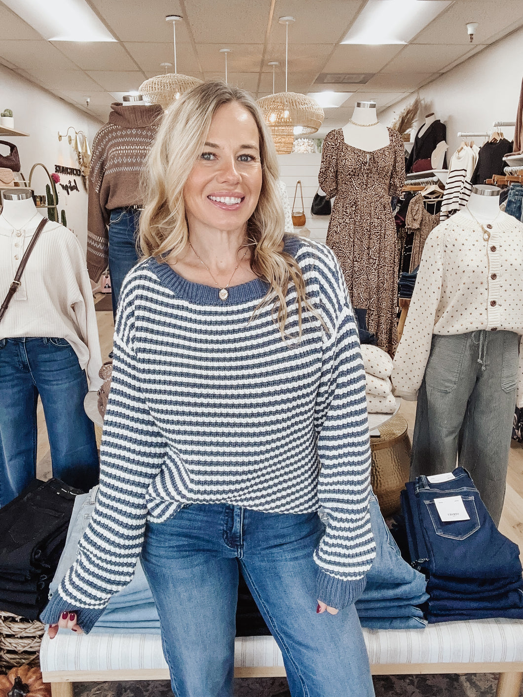 Mariner Striped Boatneck Knit Sweater with Lantern Sleeves - Denim Blue